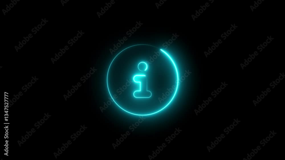 Neon symbol circle info icon cyan color glowing animation with black background