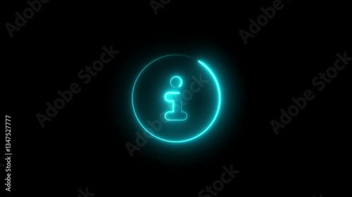 Neon symbol circle info icon cyan color glowing animation with black background