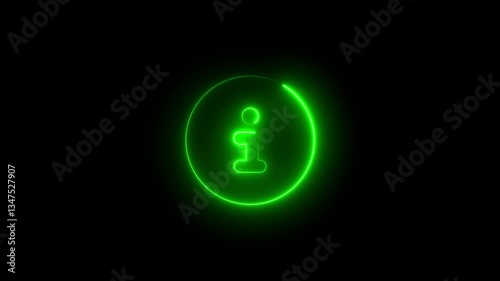 Neon symbol circle info icon green color glowing animation with black background