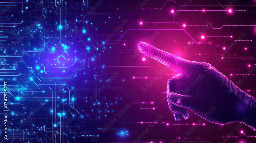 Naklejka premium Digital Hand Interacting with Circuit Board; futuristic technology concept; possible use in tech or science publications