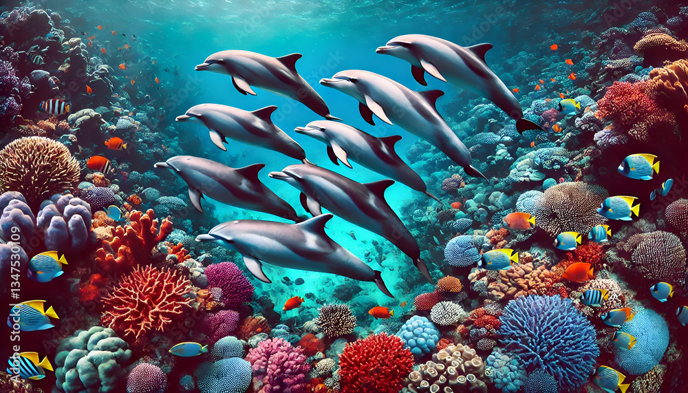 Fototapeta premium A group of dolphins swimming together in crystal-clear waters, surrounded by colorful coral reefs