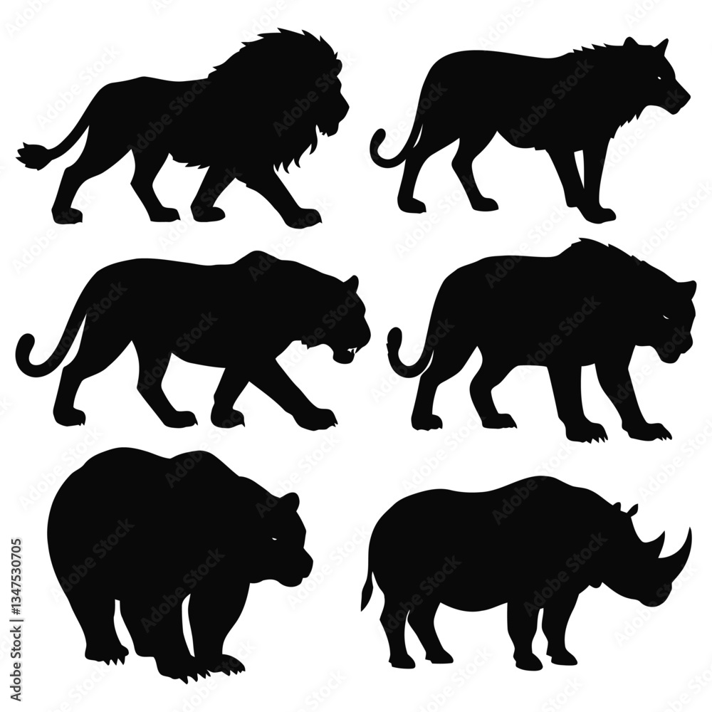 Naklejka premium Silhouettes of a Lion, Tiger, Bear and a Rhinoceros with white background