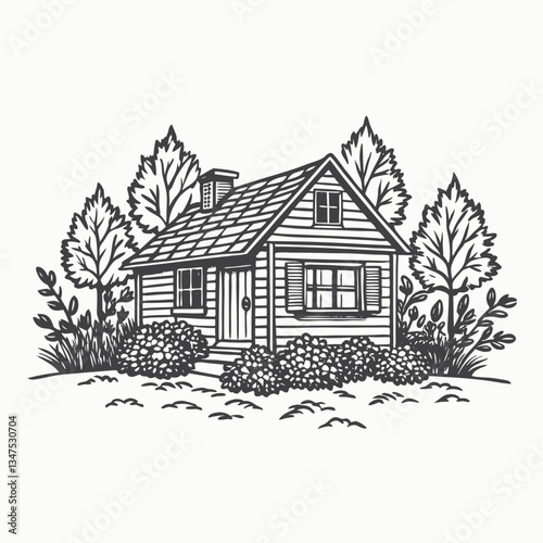 Hand drawn vintage old hut Isolated abandoned old house in the wood Sketch Hand drawn single line art use for logo poster