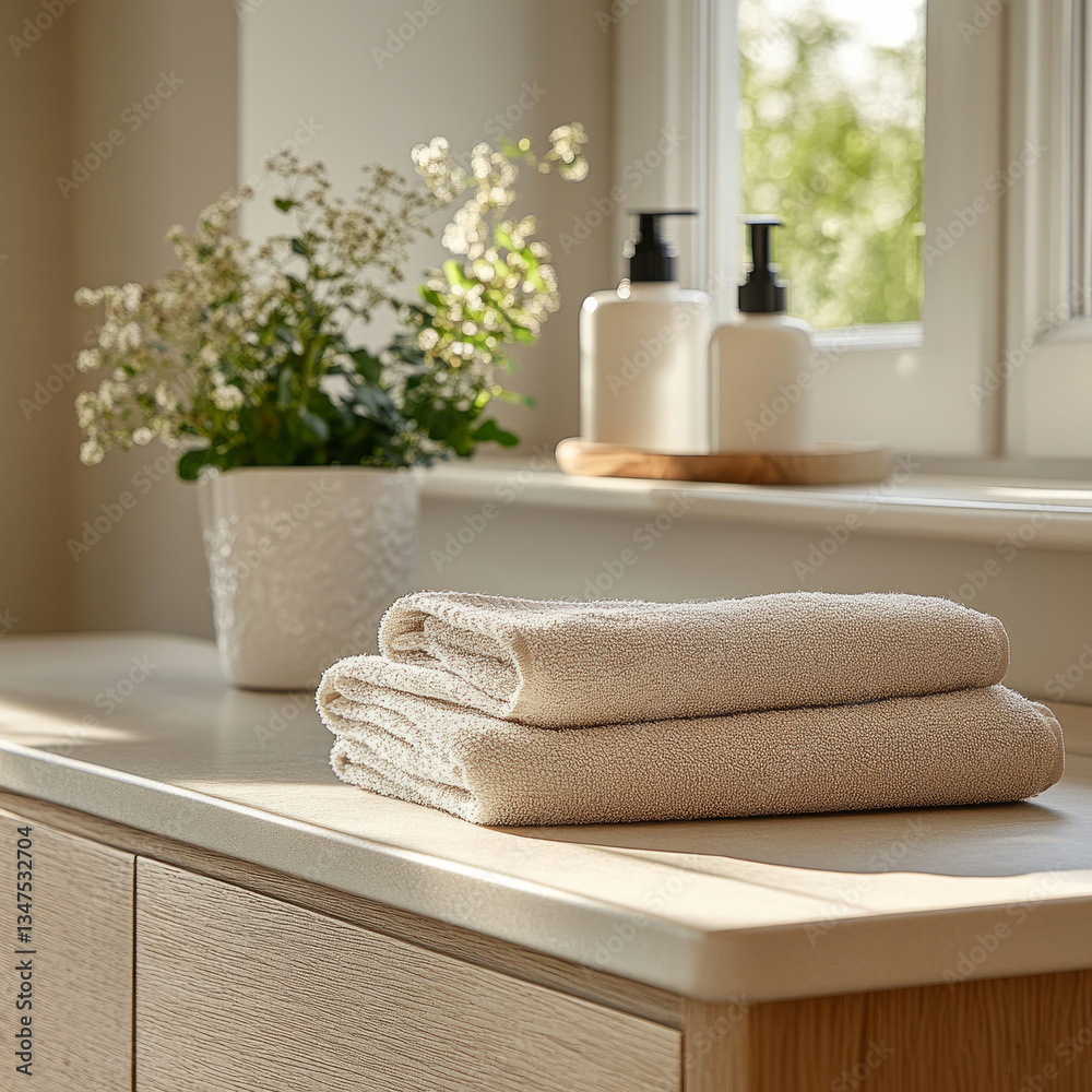 Folded towels in sunlit bathroom with soap dispenser.