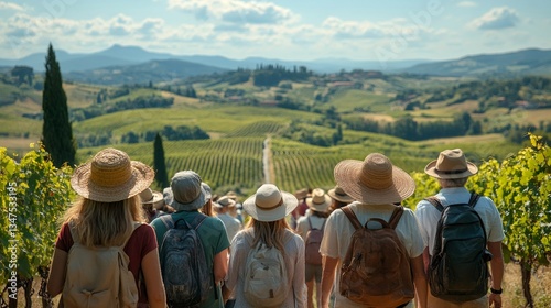 Tourists walking in Chianti vineyards enjoying Tuscany landscape photo