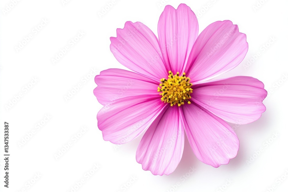 A close-up of a cosmos flower isolated on a white background highlighting its vibrant petals and delicate elegance for a fresh and timeless appeal