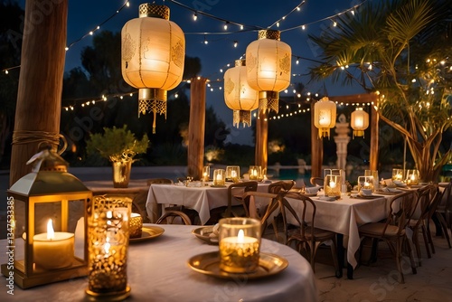 A beautifully arranged Ramadan Iftar table with glowing lanterns, traditional Middle Eastern cuisine, and a warm festive ambiance photo