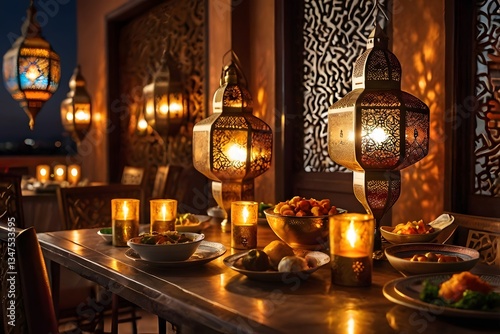 A beautifully arranged Ramadan Iftar table with glowing lanterns, traditional Middle Eastern cuisine, and a warm festive ambiance photo