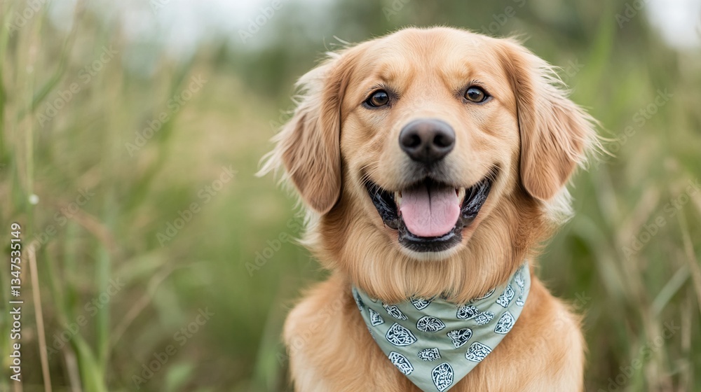 National Pet Day, Happy Golden Retriever Dog in a Field Wearing a Bandana Outdoors Portrait National Pet Day, Happy Golden Retriever Dog in a Field Wearing a Bandana Outdoors Portrait