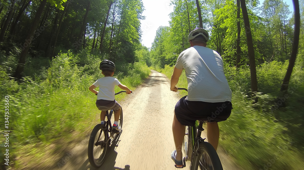 Fototapeta premium Father and son cycling through wooded trail, sharing active moment, connecting during outdoor recreation amid green forest landscape
