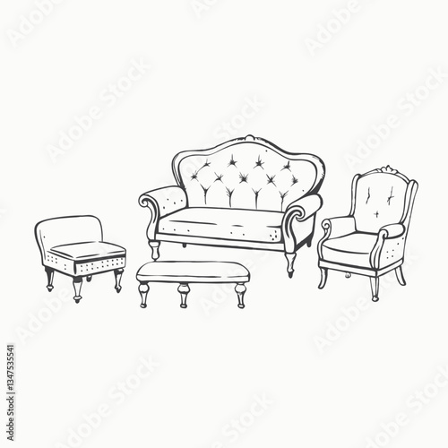 Black silhouette furniture doodle sketch style set. Hand engraved home sofa, armchairs and chair. Classic model of furniture for rest room