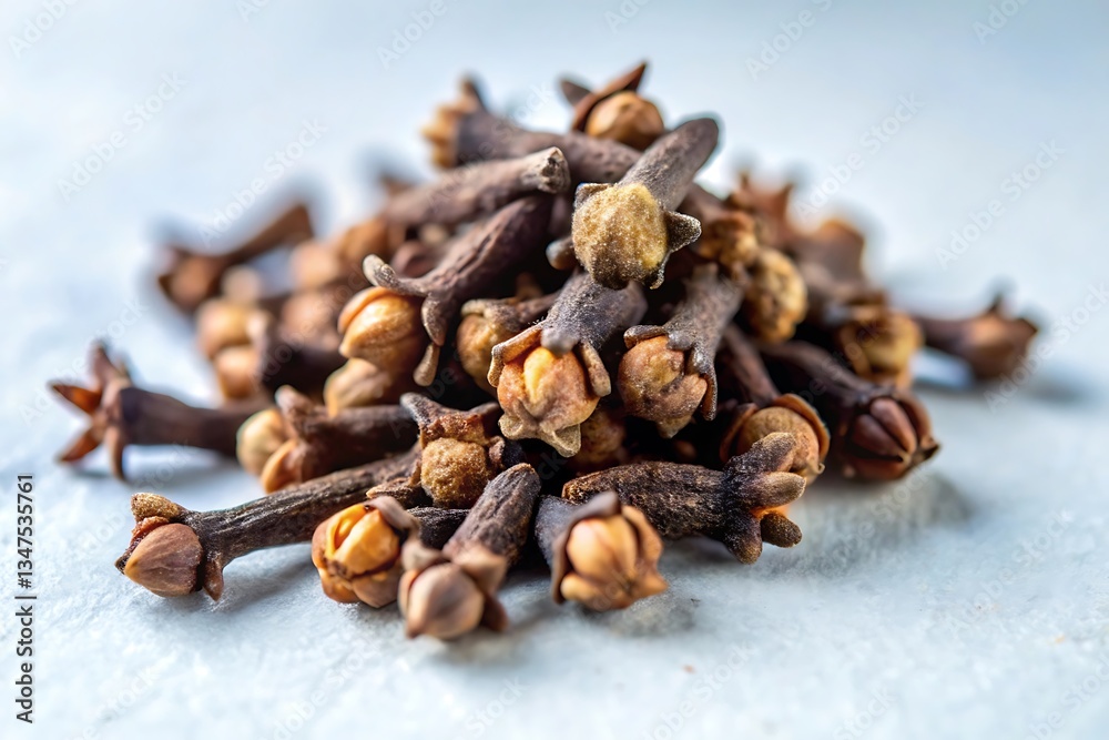 Obraz premium A close-up shot of dried cloves, the aromatic flower buds of the clove tree, piled together on a white background.