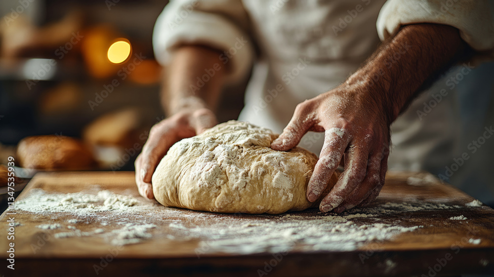 Person kneading dough on a floured wooden table, warm rustic ambiance. Person kneading dough on a floured wooden table, warm rustic ambiance.