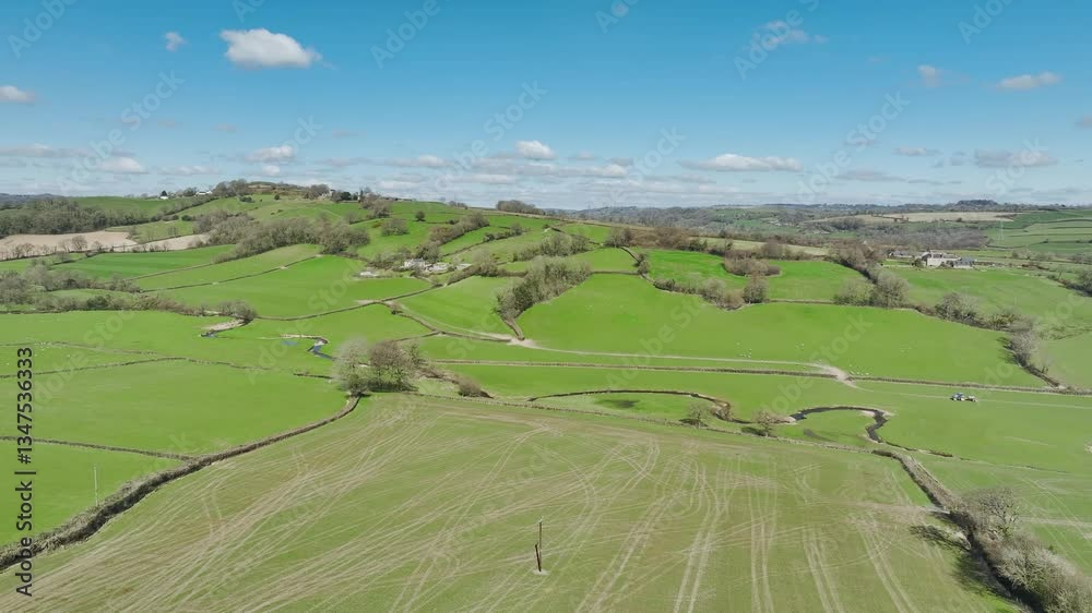 Farms over Corry Brook from a drone, Axminster, Devon, England Farms over Corry Brook from a drone, Axminster, Devon, England