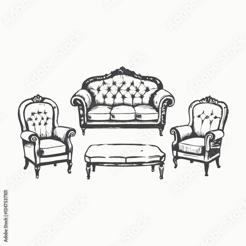 Vector set of vintage sofas. Drawing in the Doodle style. Retro sofas and daybeds isolated on a white background. Sketch Hand drawn single line art use for logo poster