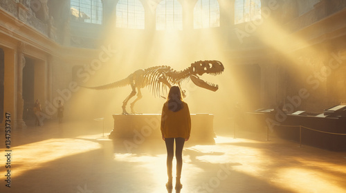 Wide-Angle View of a Girl Standing in a Museum Looking at a Tyrannosaurus Skeleton  