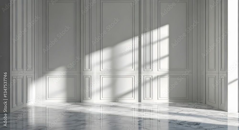 Obraz premium A sophisticated space with marble flooring, white paneled walls, and delicate, artistic shadows, AI Generated