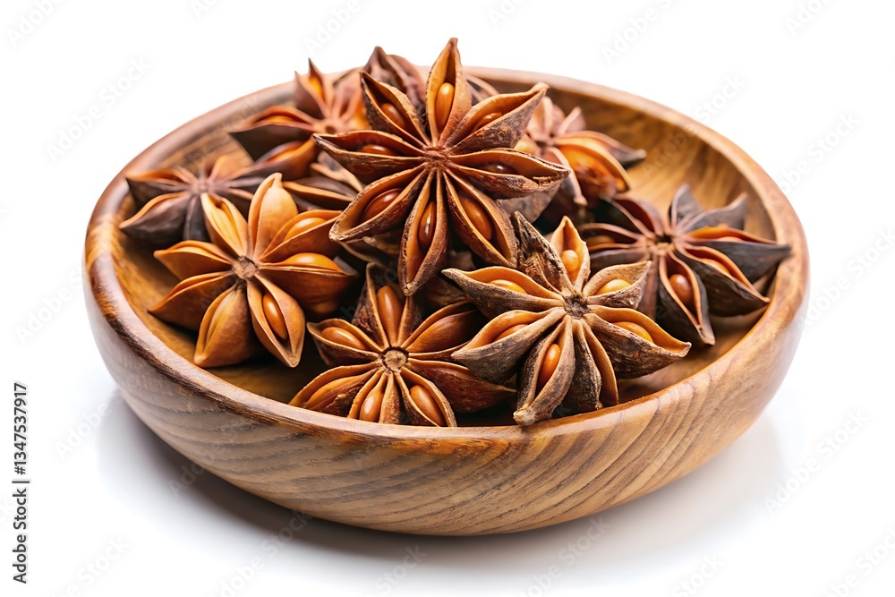 A close-up shot of star anise spice on a small wooden plate, isolated on a white background. The anise is arranged in a pile, with the points of the stars facing outward.