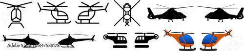 Helicopter Vector Set | Chopper, Copter, Rotorcraft, Aerial Vehicle, Flying Machine, Whirlybird, Air Transport, Aviation, Military Helicopter, Rescue Helicopter, Civilian Helicopter