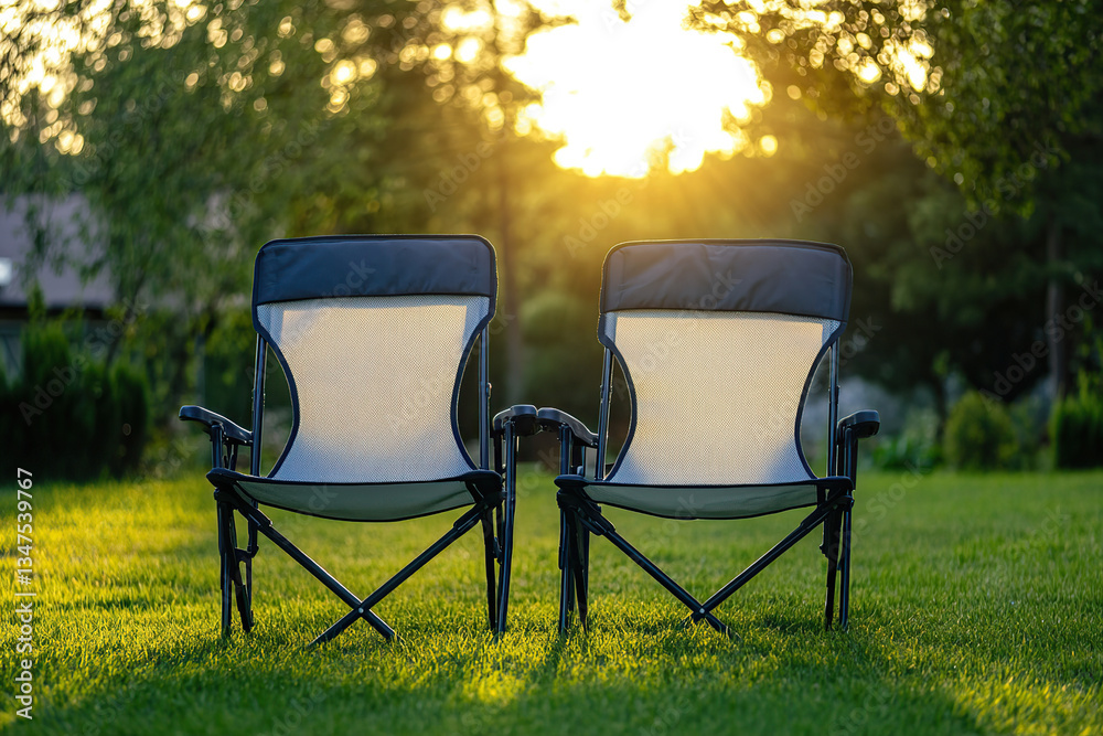 Fototapeta premium Comfortable summer chairs provide relaxation on green grass at sunset