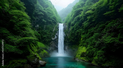 Majestic Waterfall In Lush Green Mountain Forest