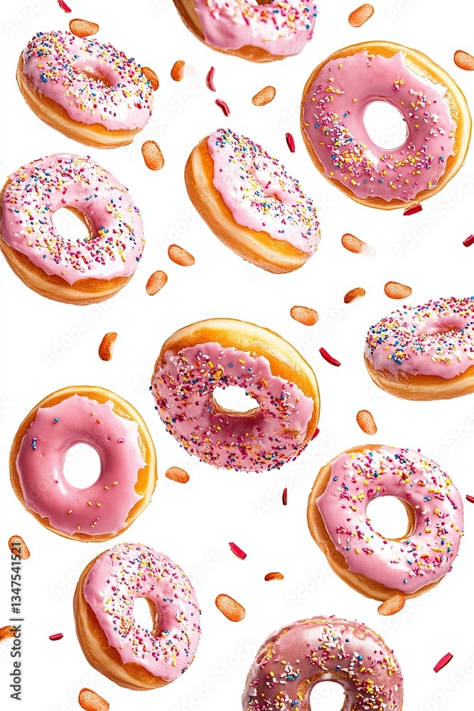 Pink glazed donuts with colorful sprinkles and scattered peanuts on a white background in a seamless pattern Pink glazed donuts with colorful sprinkles and scattered peanuts on a white background in a seamless pattern