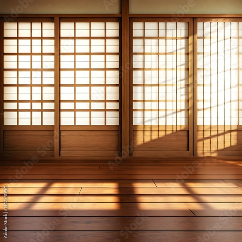 A tranquil Zen-inspired space with rice paper screens casting intricate shadows on smooth wooden flooring, AI Generated