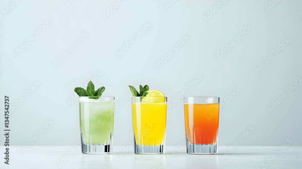Fototapeta premium Three Colorful Iced Cocktails On White Surface