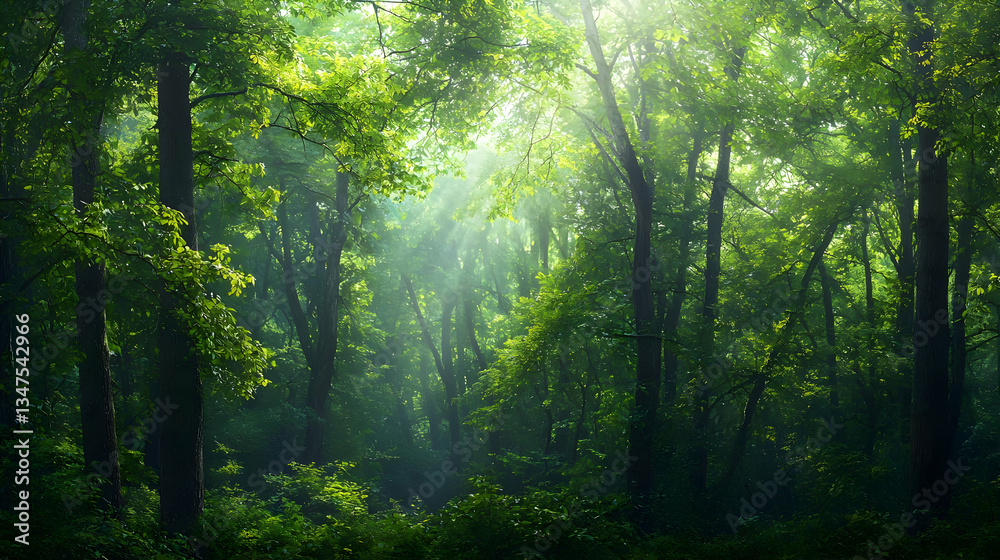Obraz premium Sunlight Streams Through Lush Green Forest