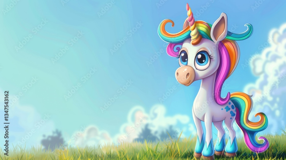 Fototapeta premium Cute cartoon unicorn with rainbow mane standing in sunny meadow against blue sky background
