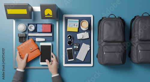 Top View on Passengers Placing Personal Items in Plastic Tray for Screening: Tablet Computer, Phone, Bag. Airport Security Checkpoint before Boarding Plane Flight. Security Officer Controls Procedure.