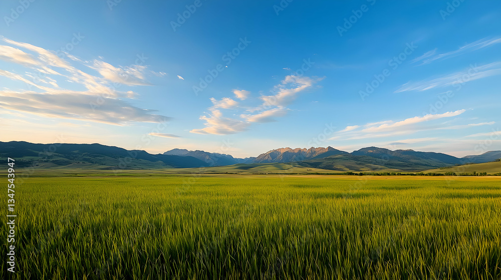 Fototapeta premium Vibrant Green Wheat Field Under Blue Sky with Dramatic Clouds and Distant Hills during Daylight
