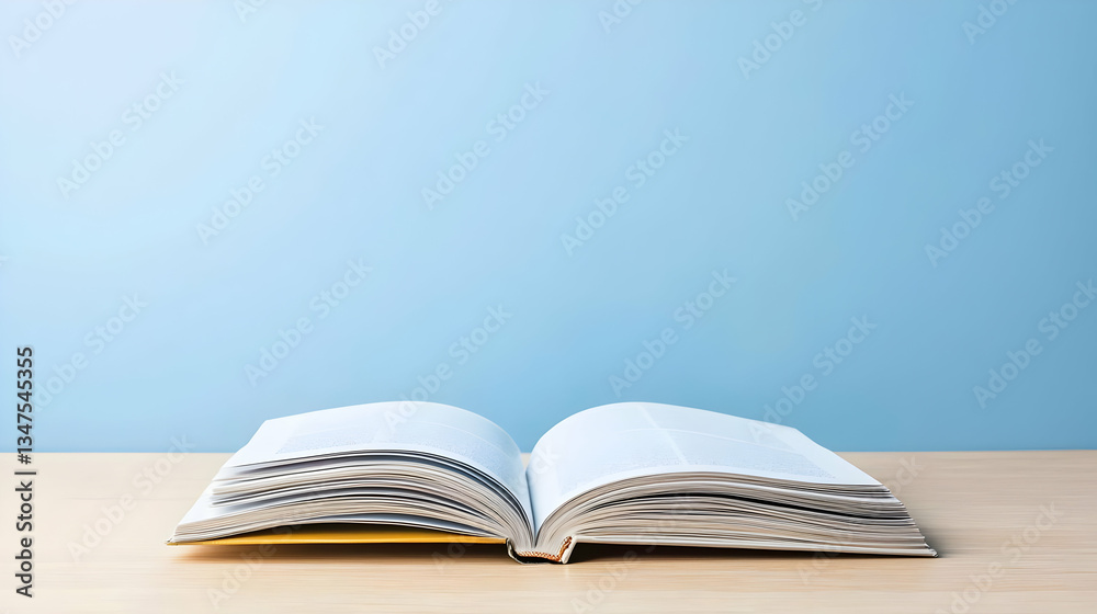 Open Book on Light Beige Table with Light Blue Background Open Book on Light Beige Table with Light Blue Background