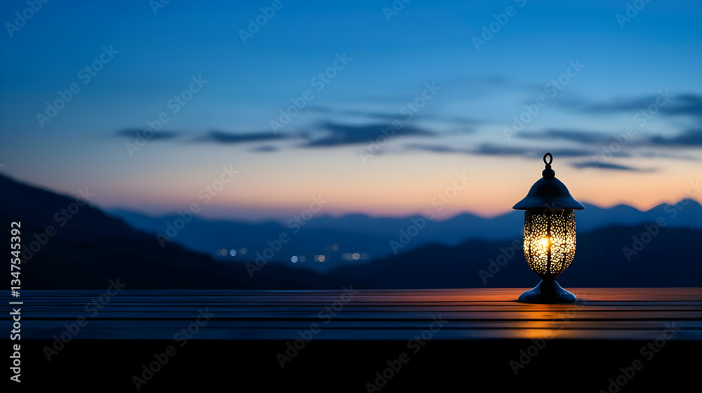 Obraz premium Illuminated Lantern on Wooden Table at Mountain Sunset View