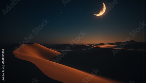 A vast expanse of eroded sand dunes stretches towards the horizon, under the soft light of a crescent moon.