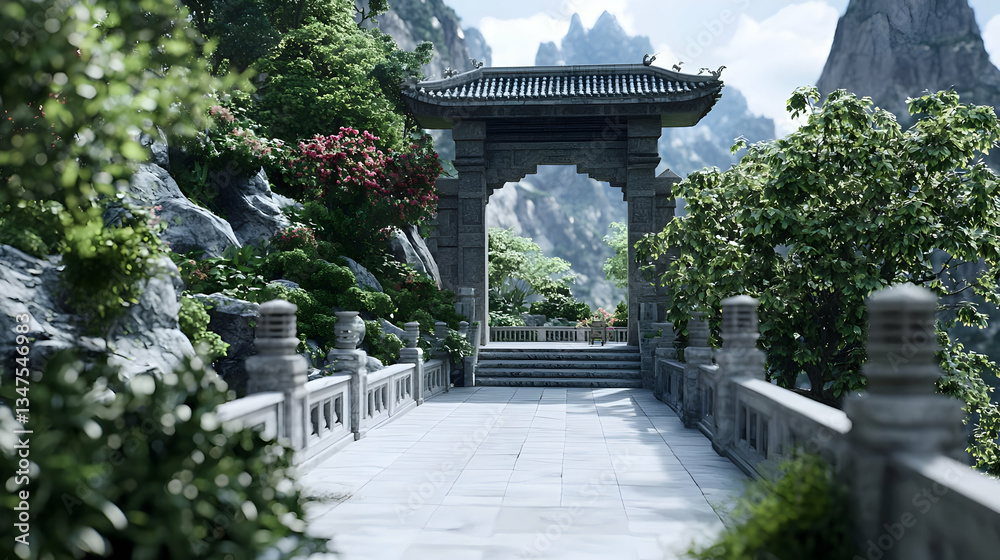 Stone Bridge Leading To An Ornate Stone Gate In A Lush Green Mountain Garden Scene