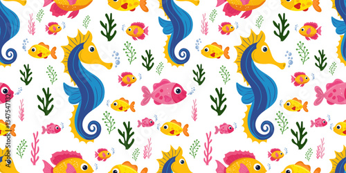 Vibrant ocean pattern with seahorses, tropical fish, seaweed on white isolated background. Vector ocean animals in exotic marine world concept. For prints, postcards, sea stories characters.