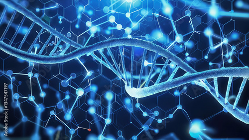 Real photo DNA helix structure on blue background under microscope. Genetic model, atoms are connected in a molecular chain.