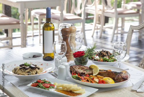 Various Mediterranean dishes served on the restaurant table