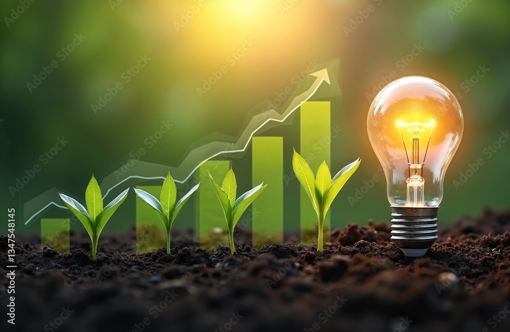 Light bulb grows with plant, graph. New business idea, financial investment, environmental protection. Renewable eco green energy concept, innovative future technology, sustainable growth.