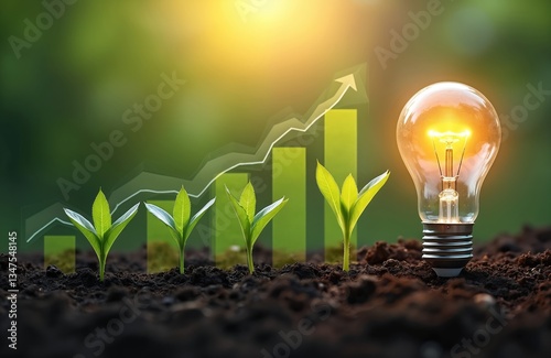 Obraz na płótnie Light bulb grows with plant, graph. New business idea, financial investment, environmental protection. Renewable eco green energy concept, innovative future technology, sustainable growth. w salonie