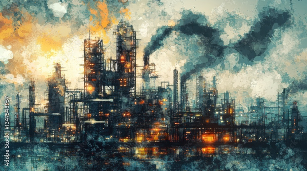 Obraz premium An Industrial Complex Emitting Pollution With Smokestacks And Lights