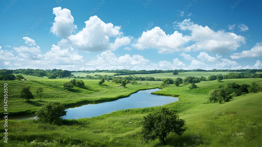 Fototapeta premium Panoramic View Of Lush Green Fields And A River Under A Sunny Sky