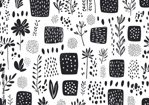 Thai pattern featuring white and black graphic geometric shapes and floral elements in a classic style with a retro vintage print commonly used for textile clothing rug tile and modern illustration