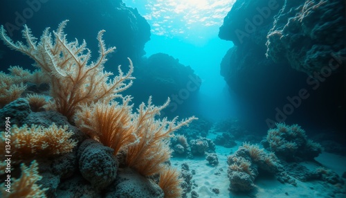 Wallpaper Mural Undulating coral reef landscape with iridescent turquoise hues, wispy sea fans, weathered limestone formations. Torontodigital.ca