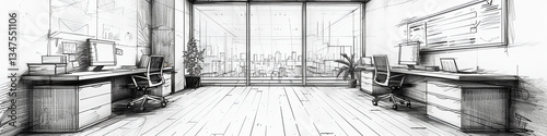 Sketch of Modern Office Interior with City View and Workspace