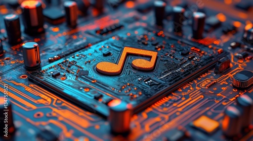 A 3D rendering showcases a futuristic motherboard where orange neon data flows freely between the CPU and the user, highlighting an innovative audio technology concept symbolized by a music icon on a