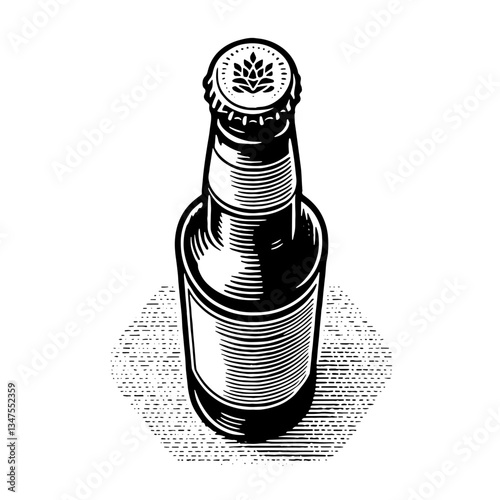 Beer Bottle, Viewpoint from Above, Classic Timeless Style Vector Illustration