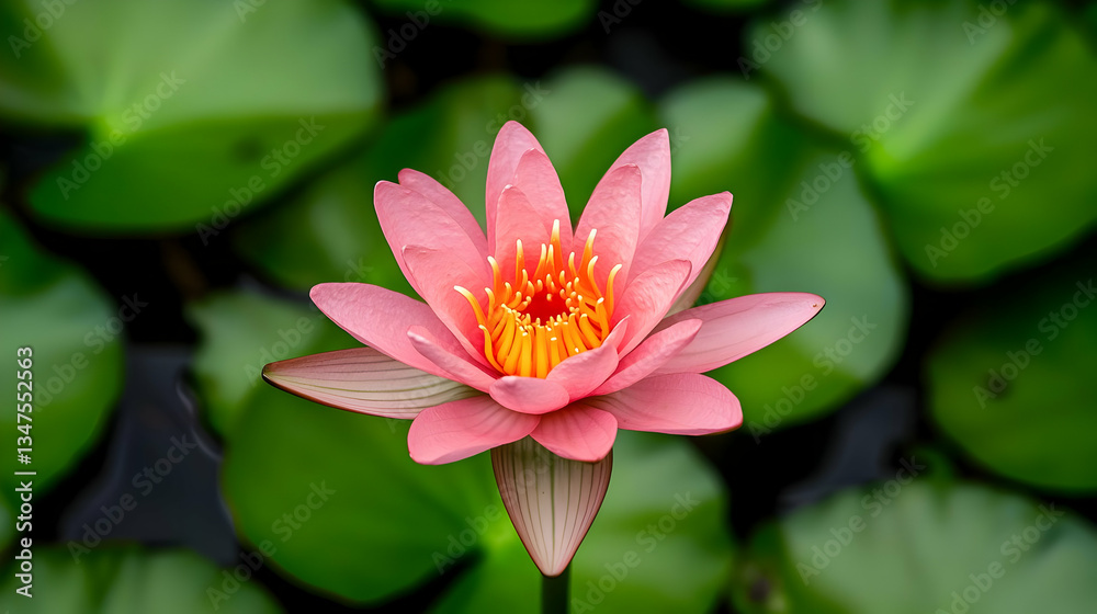 Pink Lotus Flower Blooming Amidst Lush Green Lily Pads on Calm Water Surface with Bright Yellow Center Pink Lotus Flower Blooming Amidst Lush Green Lily Pads on Calm Water Surface with Bright Yellow Center