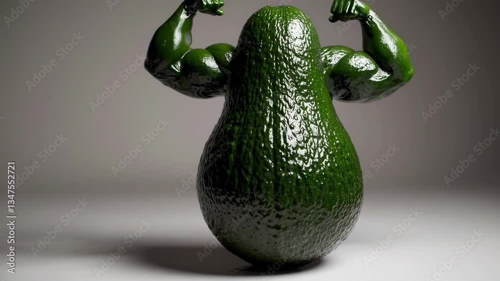 Animación 3D de un aguacate musculoso  representación de fuerza y nutrición, ideal para marketing de superalimentos y vida saludable